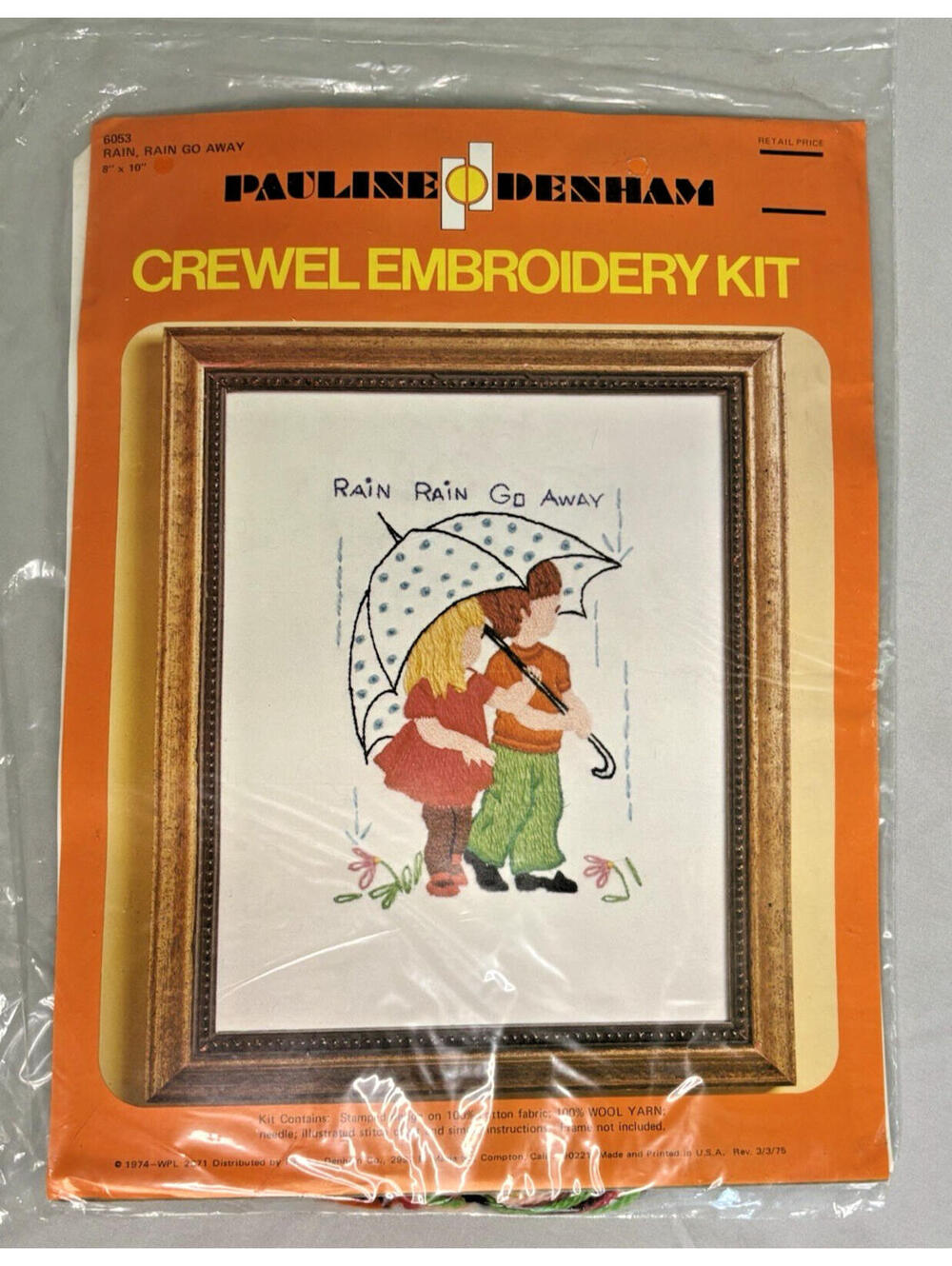 Vintage 1974 Pauline Denham Crewel Embroidery Kit # 6053 Rain Go Away 8"x10" NIP